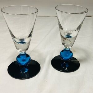 Pair of crystal fluted cordial glasses cobalt blue & clear ball shape stem bases